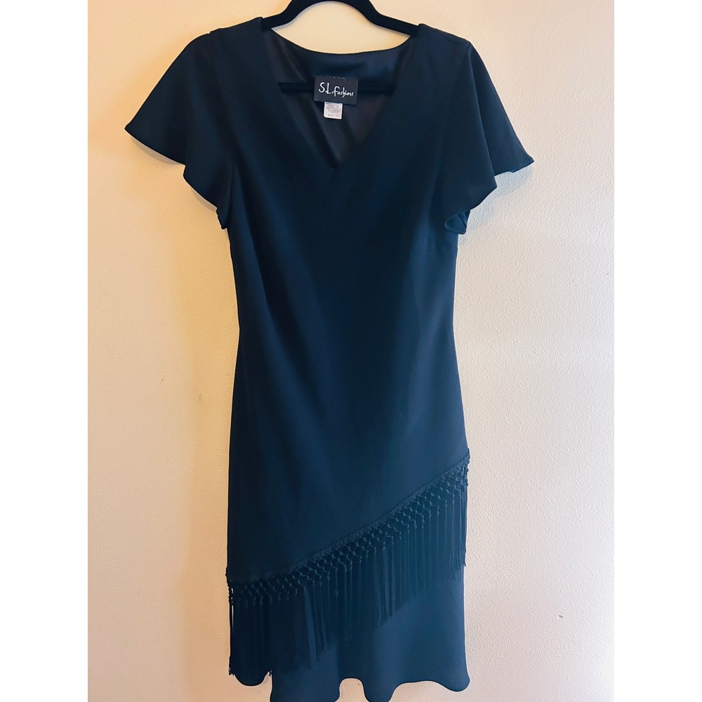 SL Fashions Fringe Sheath Dress Women 12 Black Excellent Asymmetrical Macrame